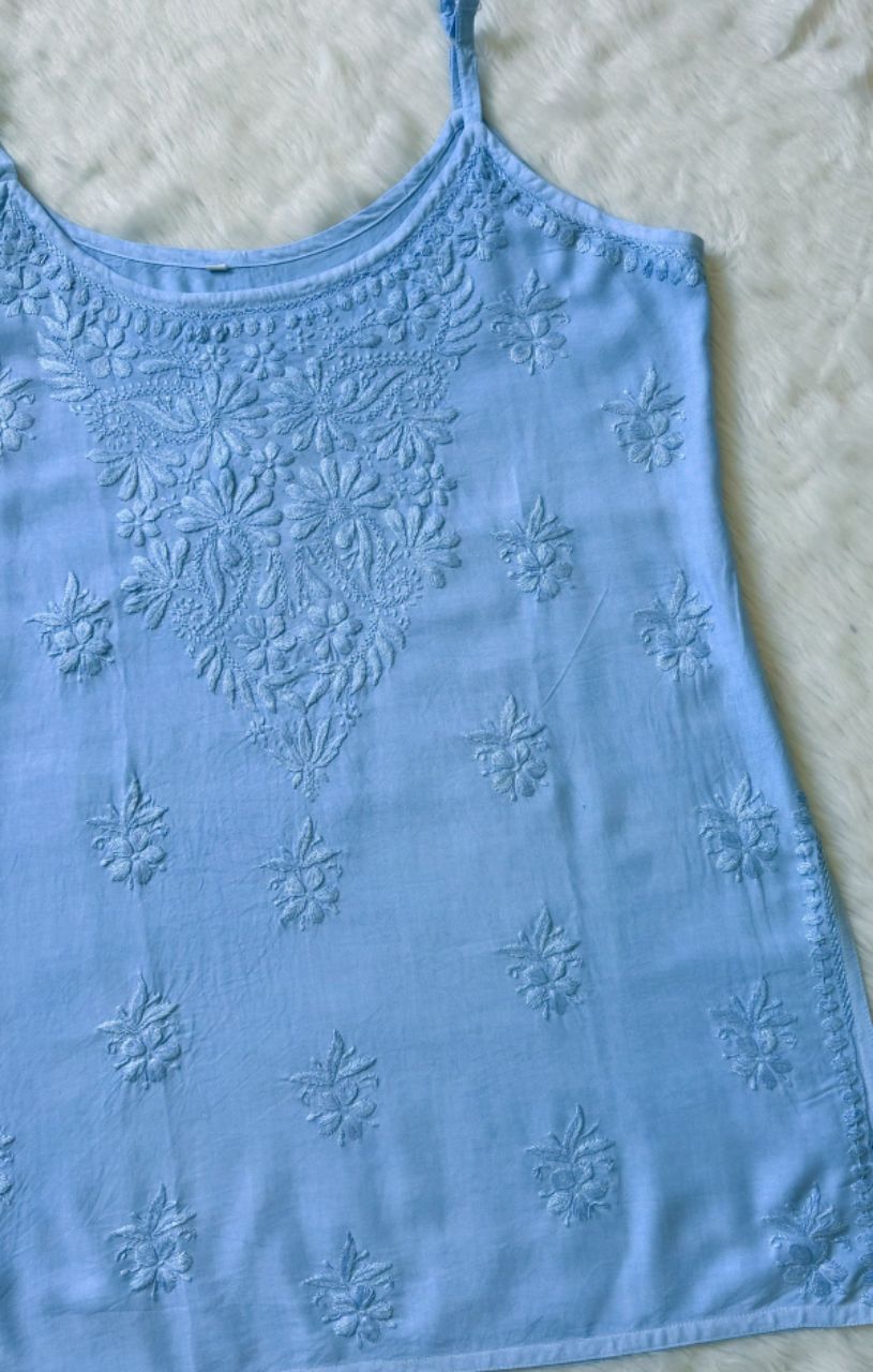 Modal Short Sleeveless Handwork Kurti. 💙 view 3