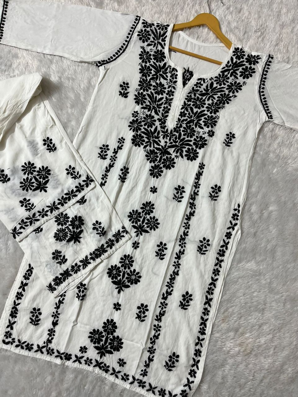 Black Thread Work Kurti Plazo Set On White. view 2