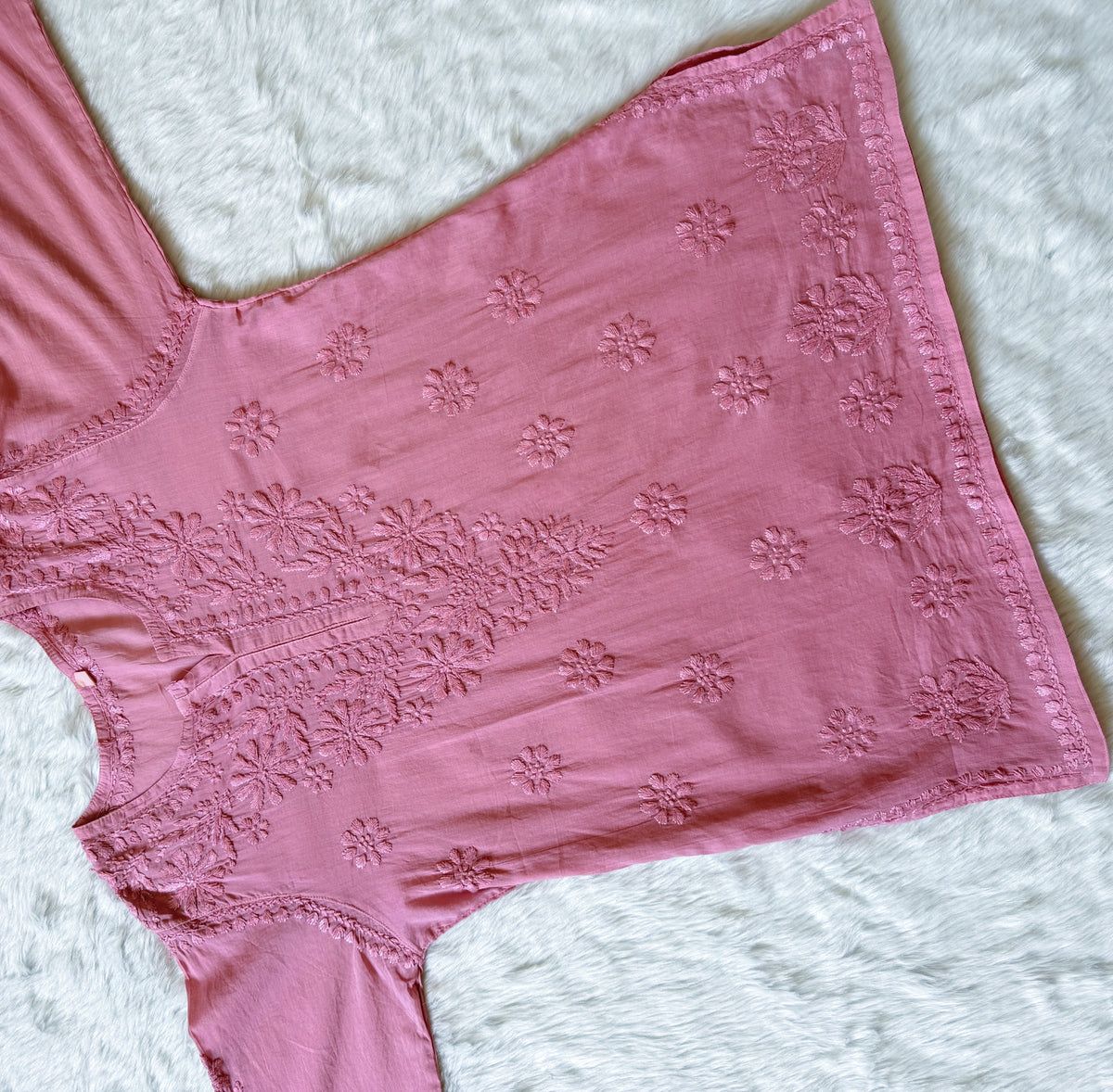 MULMUL SHORT HANDWORK KURTI WITH FINE EMBROIDERY IN PINK MAUVE. view 3