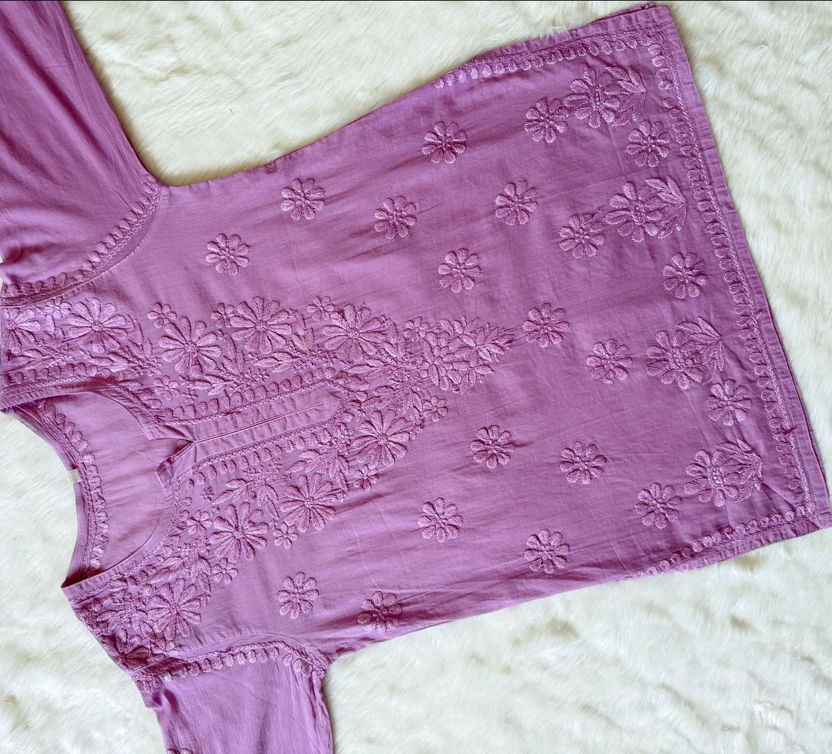 MULMUL SHORT HANDWORK KURTI WITH FINE EMBROIDERY IN MAUVE. view 3