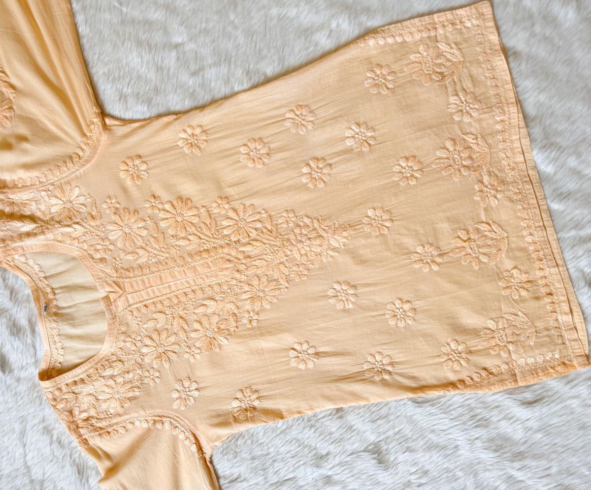 MULMUL SHORT HANDWORK KURTI WITH FINE EMBROIDERY IN PASTEL YELLOW. view 3