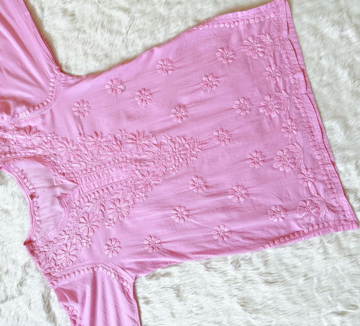 MULMUL SHORT HANDWORK KURTI WITH FINE EMBROIDERY IN BABY PINK. view 3