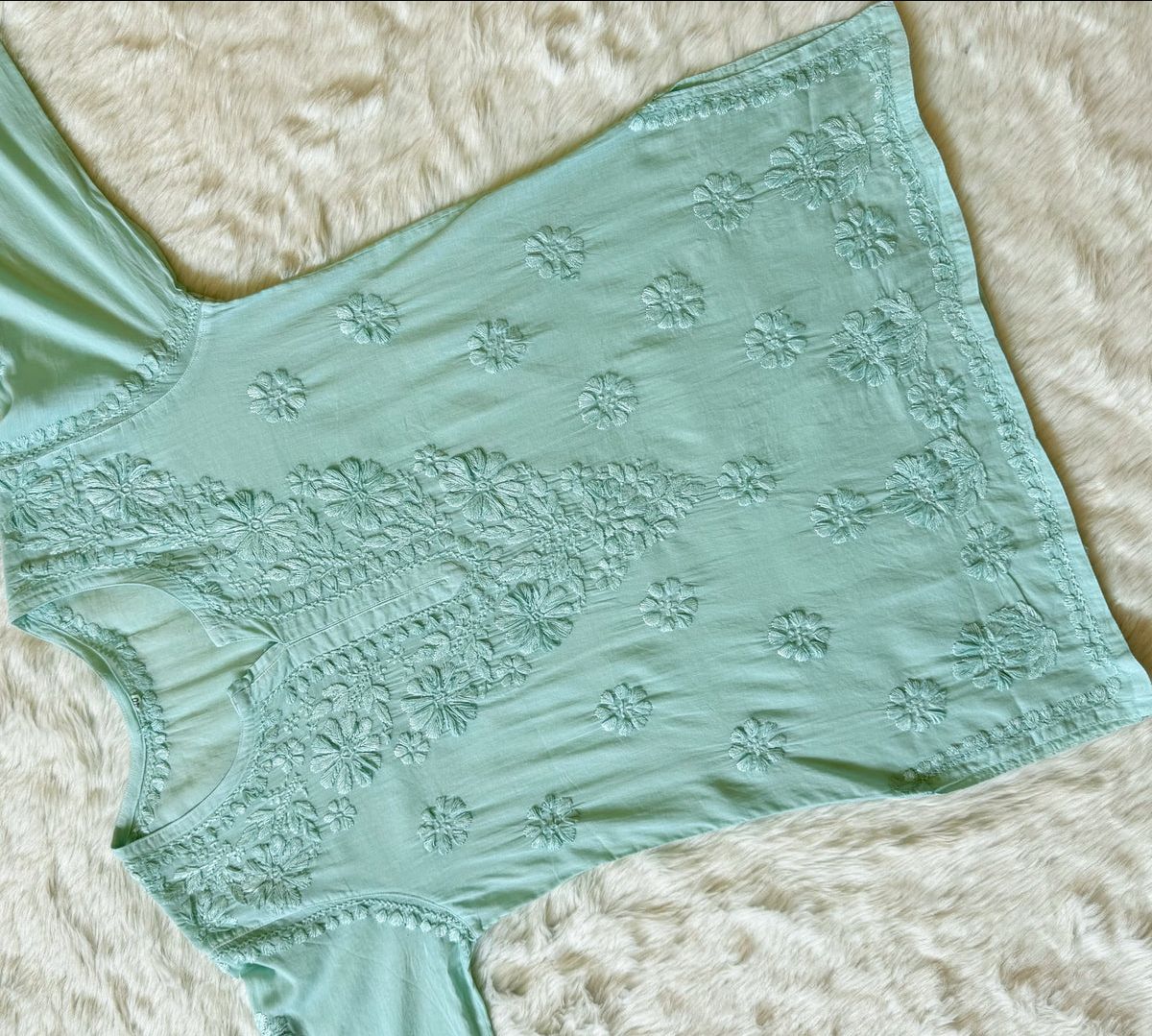 MULMUL SHORT HANDWORK KURTI WITH FINE EMBROIDERY IN SEA GREEN. view 3