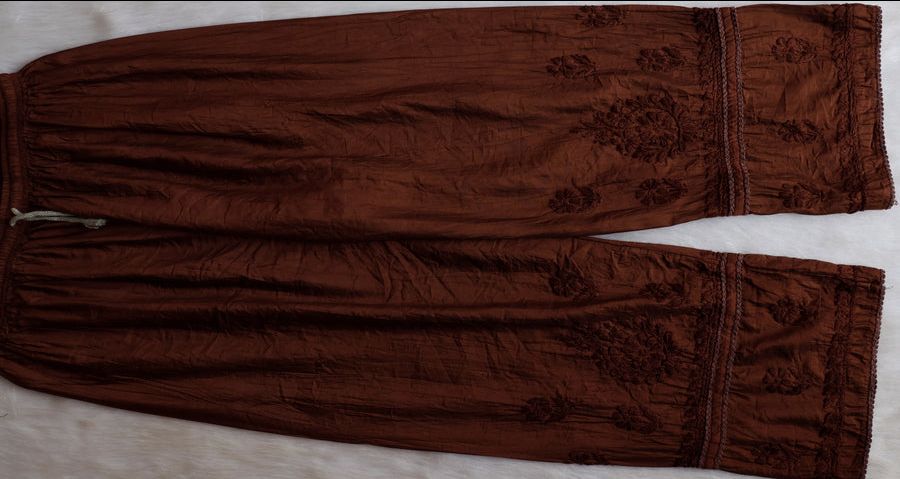 NIYA OMBRE CHANDERI HANDWORK KURTI PLAZO SET IN BROWN. view 4