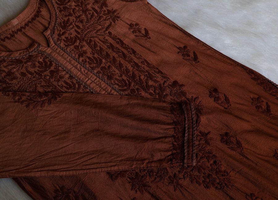 NIYA OMBRE CHANDERI HANDWORK KURTI PLAZO SET IN BROWN. view 2