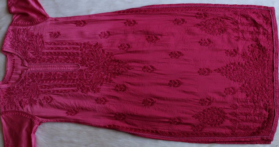 NIYA OMBRE CHANDERI HANDWORK KURTI PLAZO SET IN MAGENTA PINK. view 3