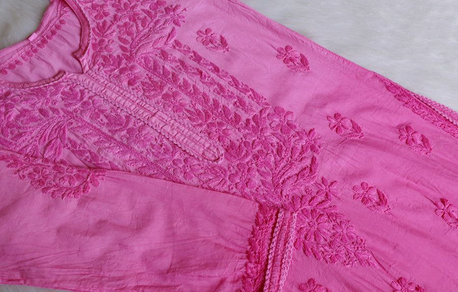 NIYA OMBRE CHANDERI HANDWORK KURTI PLAZO SET IN BABY PINK. view 2