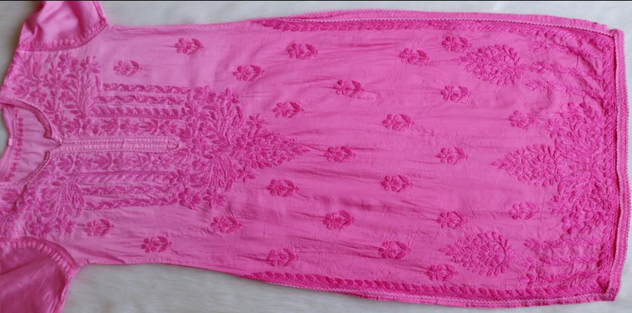 NIYA OMBRE CHANDERI HANDWORK KURTI PLAZO SET IN BABY PINK. view 3