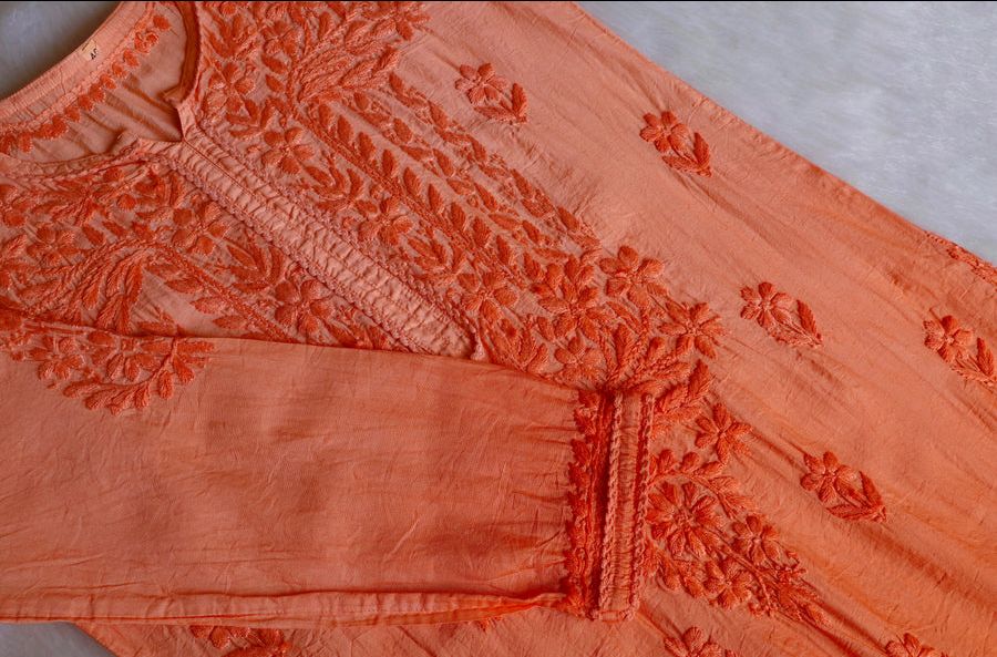 NIYA OMBRE CHANDERI HANDWORK KURTI PLAZO SET IN ORANGE. view 3