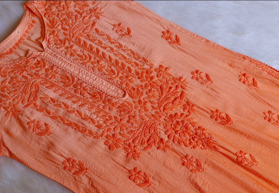 NIYA OMBRE CHANDERI HANDWORK KURTI PLAZO SET IN ORANGE. view 4
