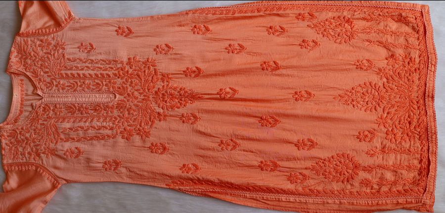 NIYA OMBRE CHANDERI HANDWORK KURTI PLAZO SET IN ORANGE. view 2