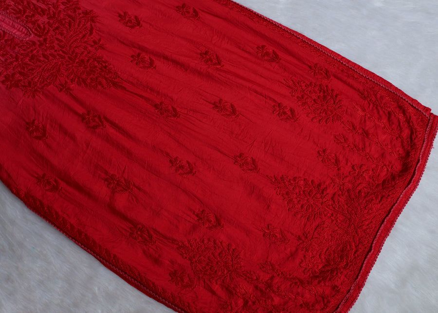 NIYA OMBRE CHANDERI HANDWORK KURTI PLAZO SET IN RED. view 2