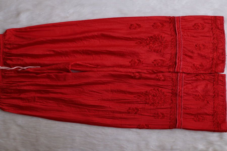 NIYA OMBRE CHANDERI HANDWORK KURTI PLAZO SET IN RED. view 3