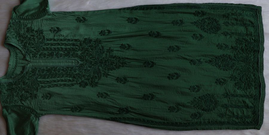 NIYA OMBRE CHANDERI HANDWORK KURTI PLAZO SET IN BOTTLE GREEN. view 3