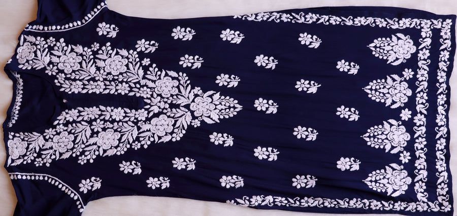 HEAVY MODAL WHITE THREAD WORK KURTI PLAZO SET IN NAVY BLUE. view 2