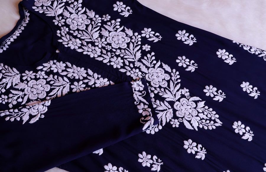 HEAVY MODAL WHITE THREAD WORK KURTI PLAZO SET IN NAVY BLUE. view 3