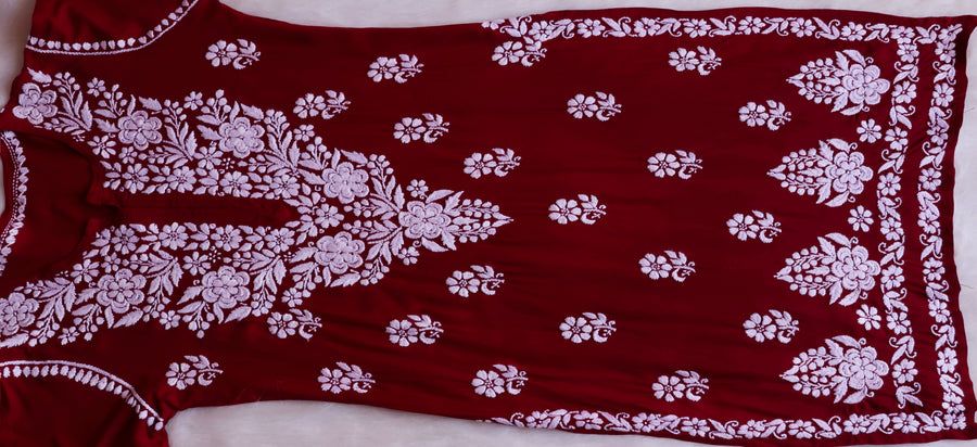HEAVY MODAL LONG HANDWORK KURTI PLAZO SET IN MAROON. view 3