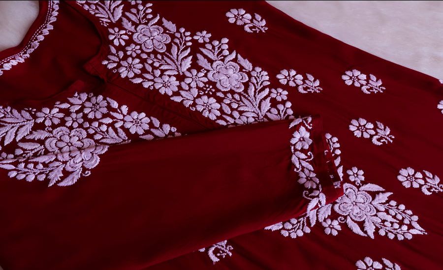 HEAVY MODAL LONG HANDWORK KURTI PLAZO SET IN MAROON. view 2