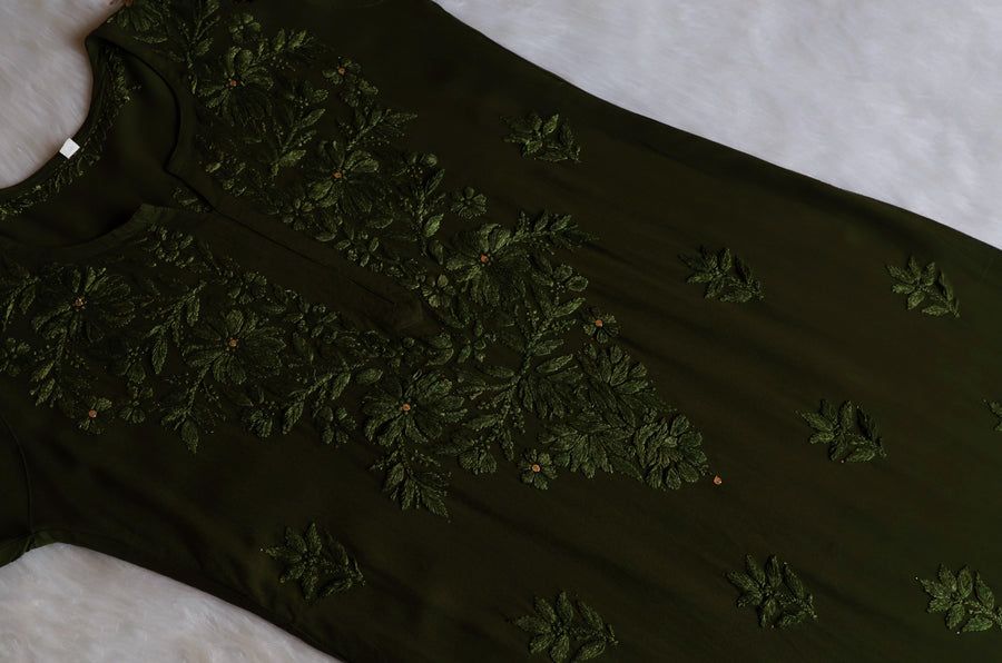 RAYON MUKAISH HANDWORK 3 PIECE SET IN OLIVE GREEN. view 3