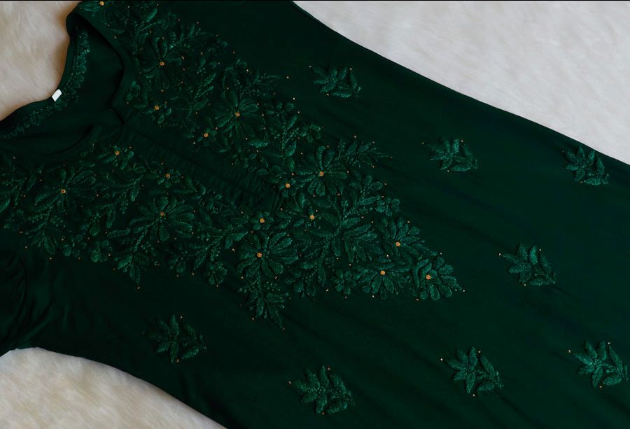 RAYON MUKAISH HANDWORK 3 PIECE SET IN BOTTLE GREEN SHADE. view 2