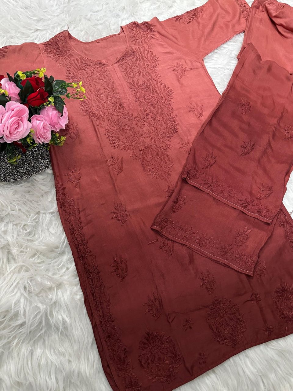 CHIKANKARI RAYON OMBRE 2 PIECE KURTI PLAZO SET.✨🌷 view 4