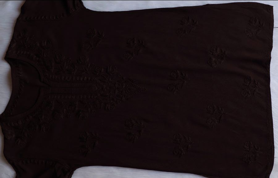 MODAL SHORT HANDWORK KURTI IN CHOCOLATE BROWN SHADE. view 4