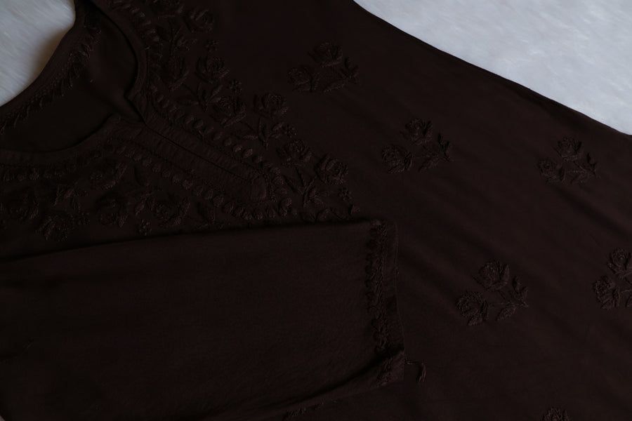 MODAL SHORT HANDWORK KURTI IN CHOCOLATE BROWN SHADE. view 2