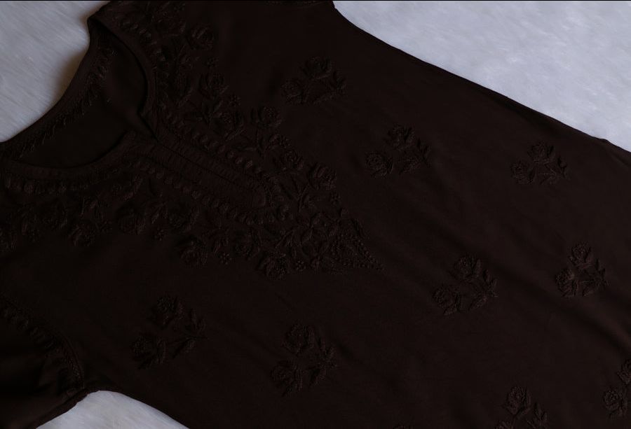 MODAL SHORT HANDWORK KURTI IN CHOCOLATE BROWN SHADE. view 3