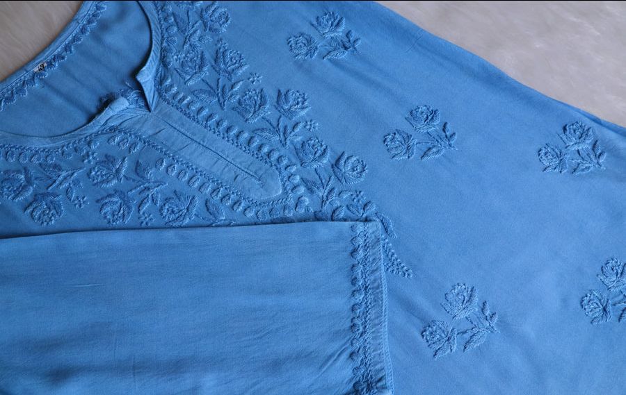 MODAL SHORT HANDWORK KURTI IN POWDER BLUE SHADE. view 3