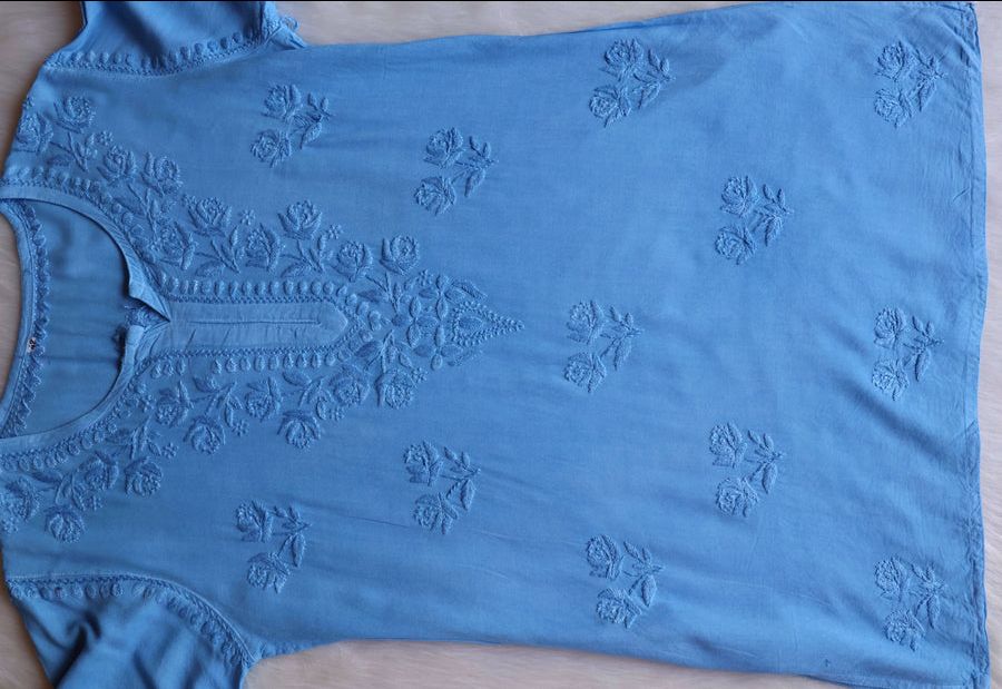 MODAL SHORT HANDWORK KURTI IN POWDER BLUE SHADE. view 2