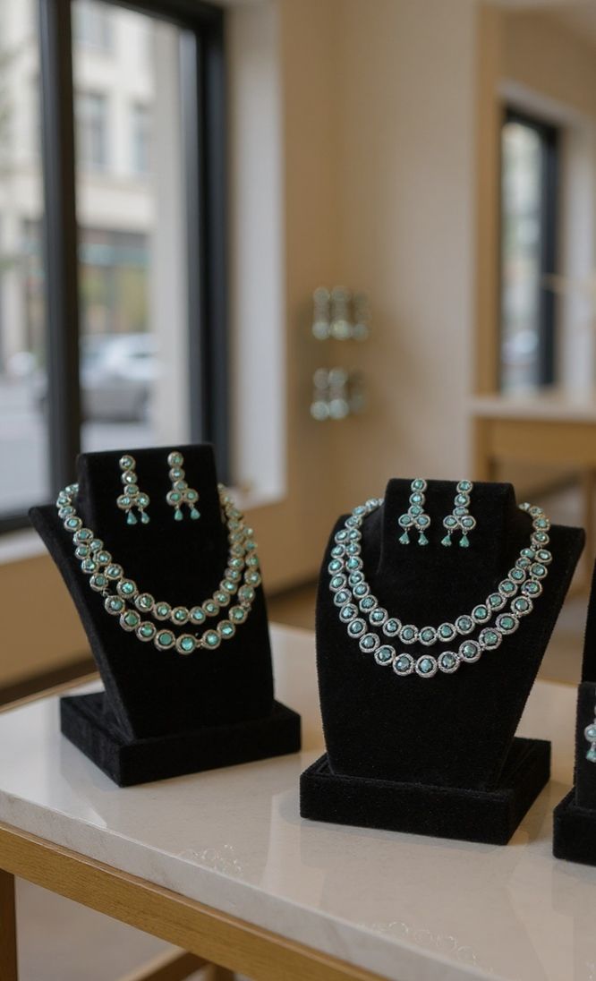 Aqua Green Double Layer American Diamond Set view 2