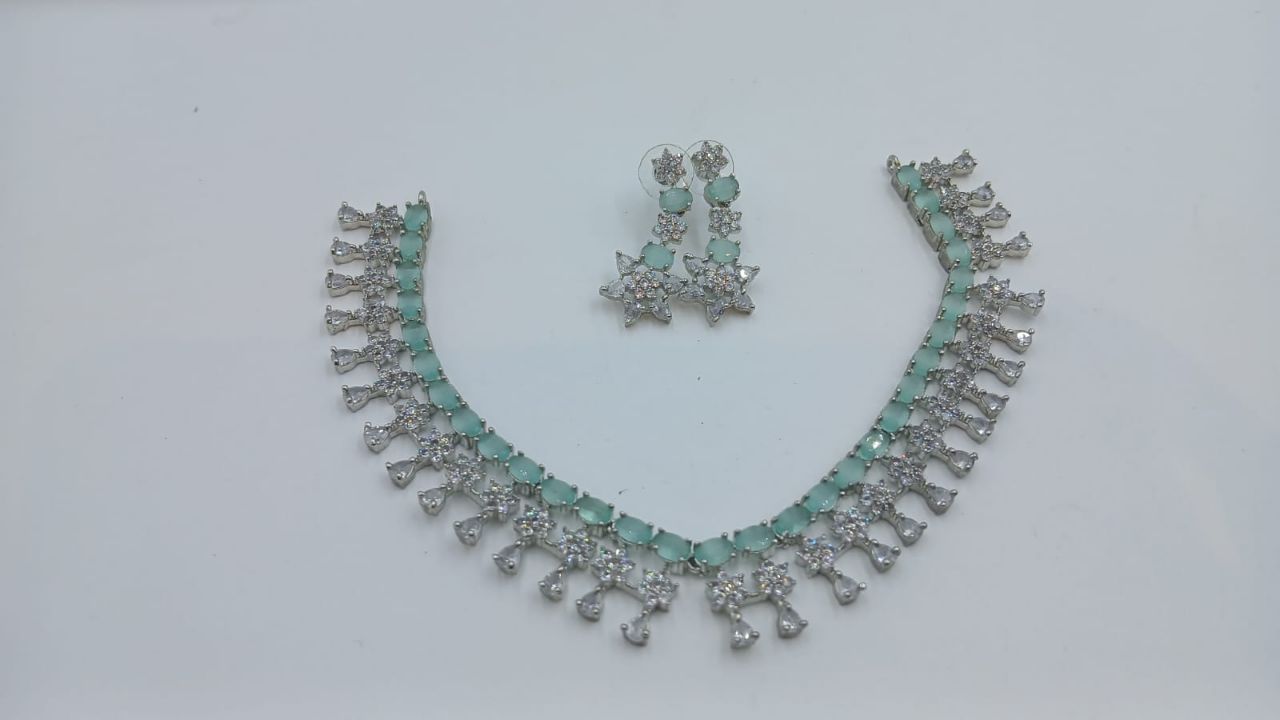 American Diamond Mint Green Necklace Set view 3