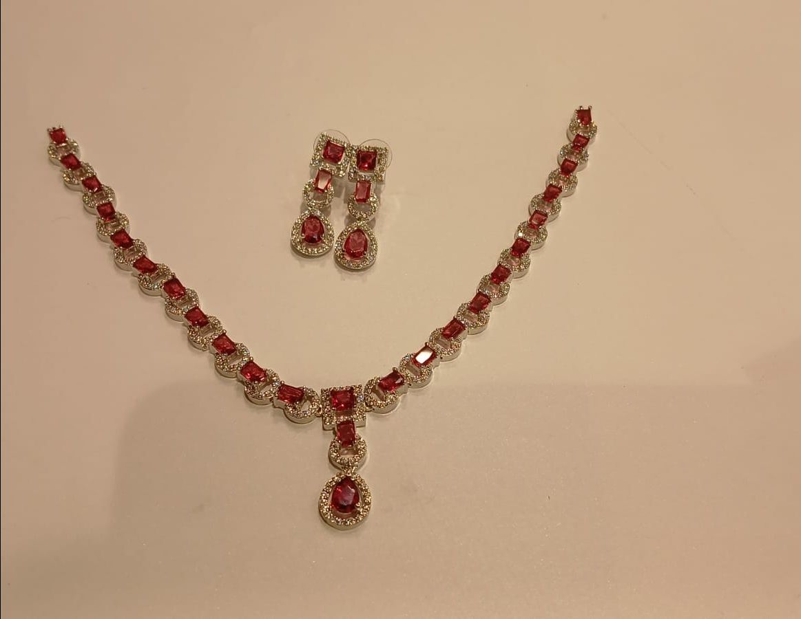 Red American Diamonds Necklace Set view 2