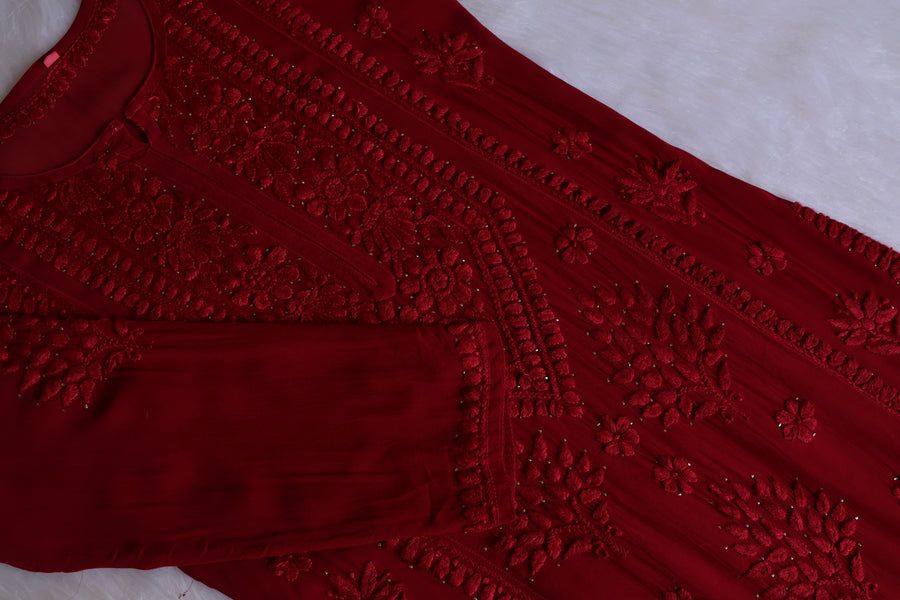 MIRA MAROON VISCOSE GEORGETTE KURTA WITH MUKAISH WORK ALL OVER. view 2