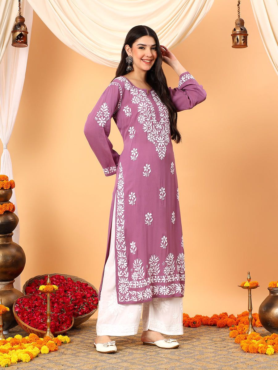 MODAL NON TRANSPARENT HANDWORK KURTI IN MAUVE SHADE.