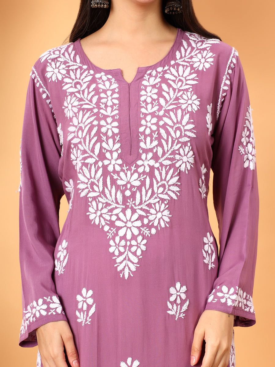 MODAL NON TRANSPARENT HANDWORK KURTI IN MAUVE SHADE. view 2