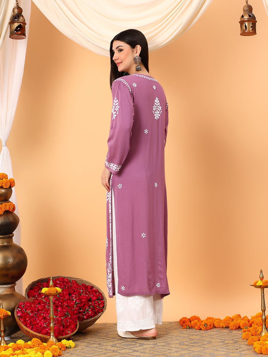 MODAL NON TRANSPARENT HANDWORK KURTI IN MAUVE SHADE. view 4