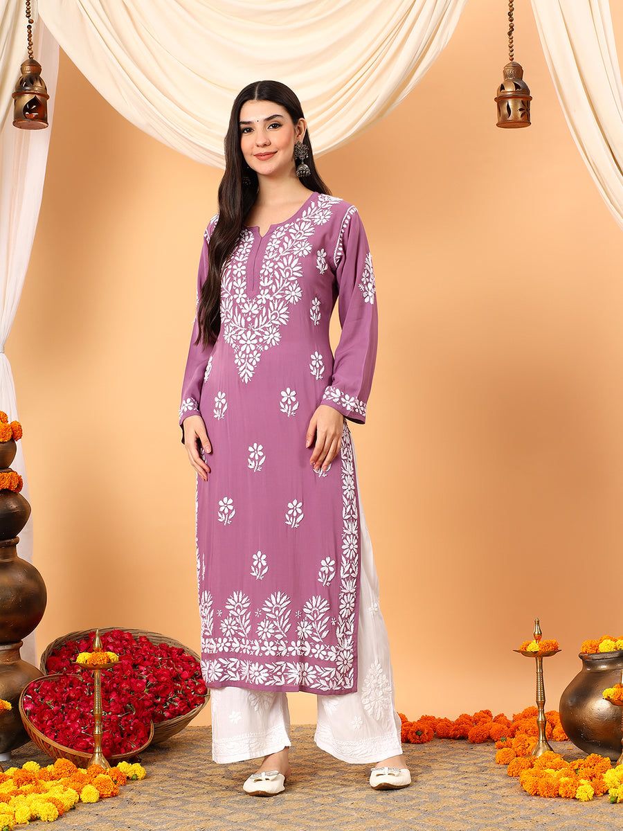 MODAL NON TRANSPARENT HANDWORK KURTI IN MAUVE SHADE. view 3