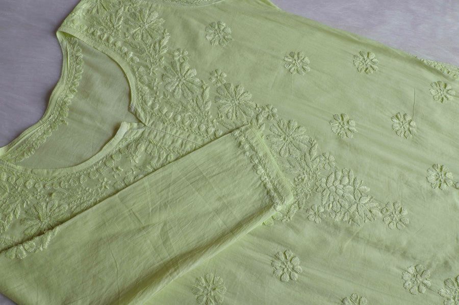 MULMUL SHORT HANDWORK KURTI IN PASTEL GREEN. view 2