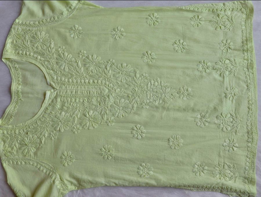 MULMUL SHORT HANDWORK KURTI IN PASTEL GREEN. view 3