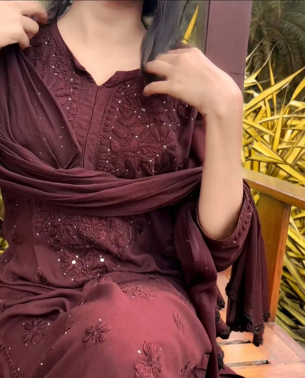 MODAL 3 PIECE MUKAISH SET IN BROWN SHADE. view 3