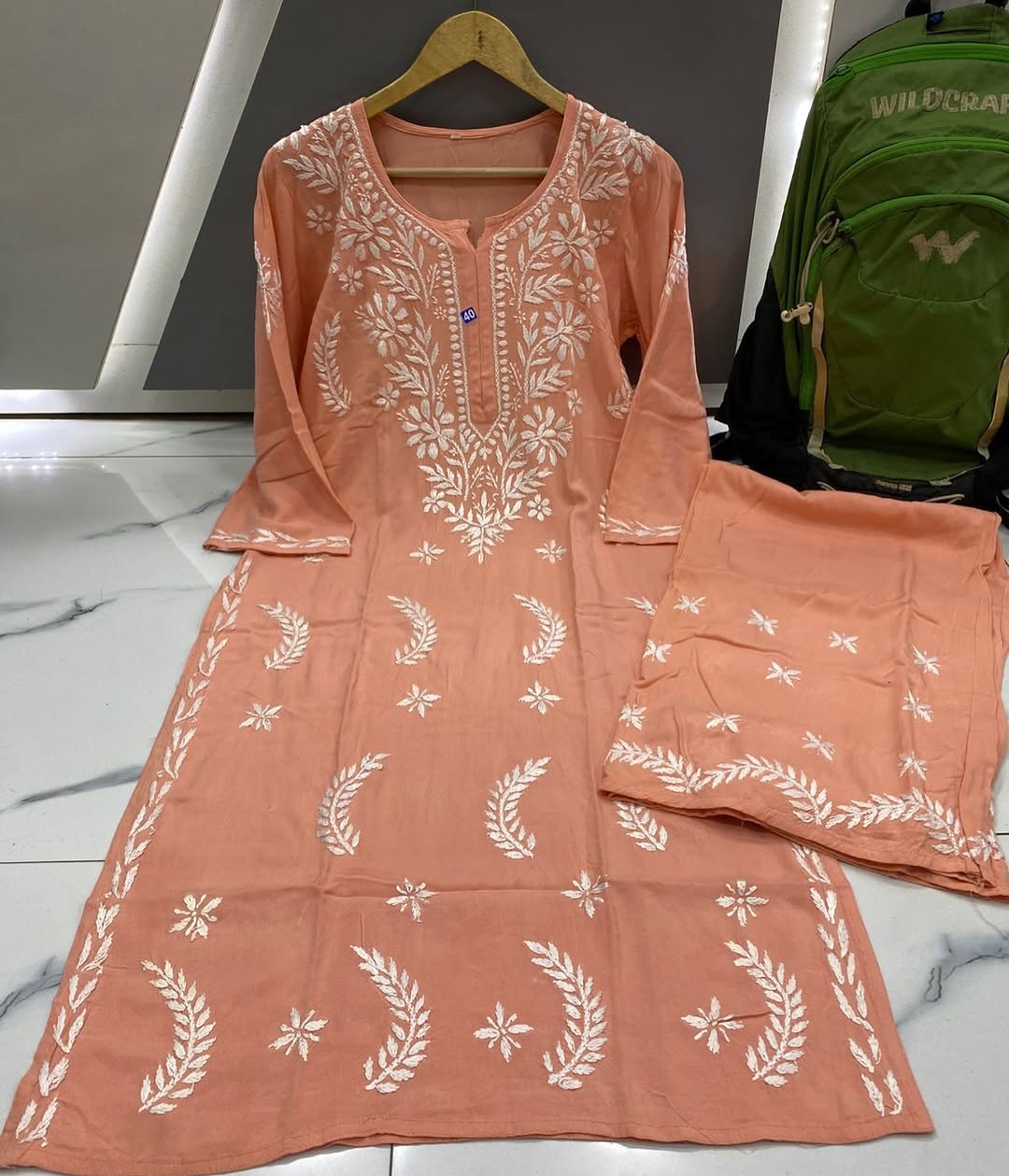 RAYON HANDWORK 2 PIECE KURTI PLAZO SET IN PEACH SHADE.
