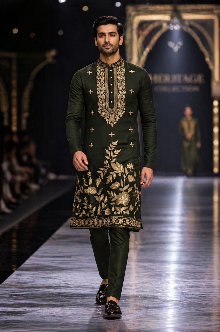 Gold Embroidery Bottle Green