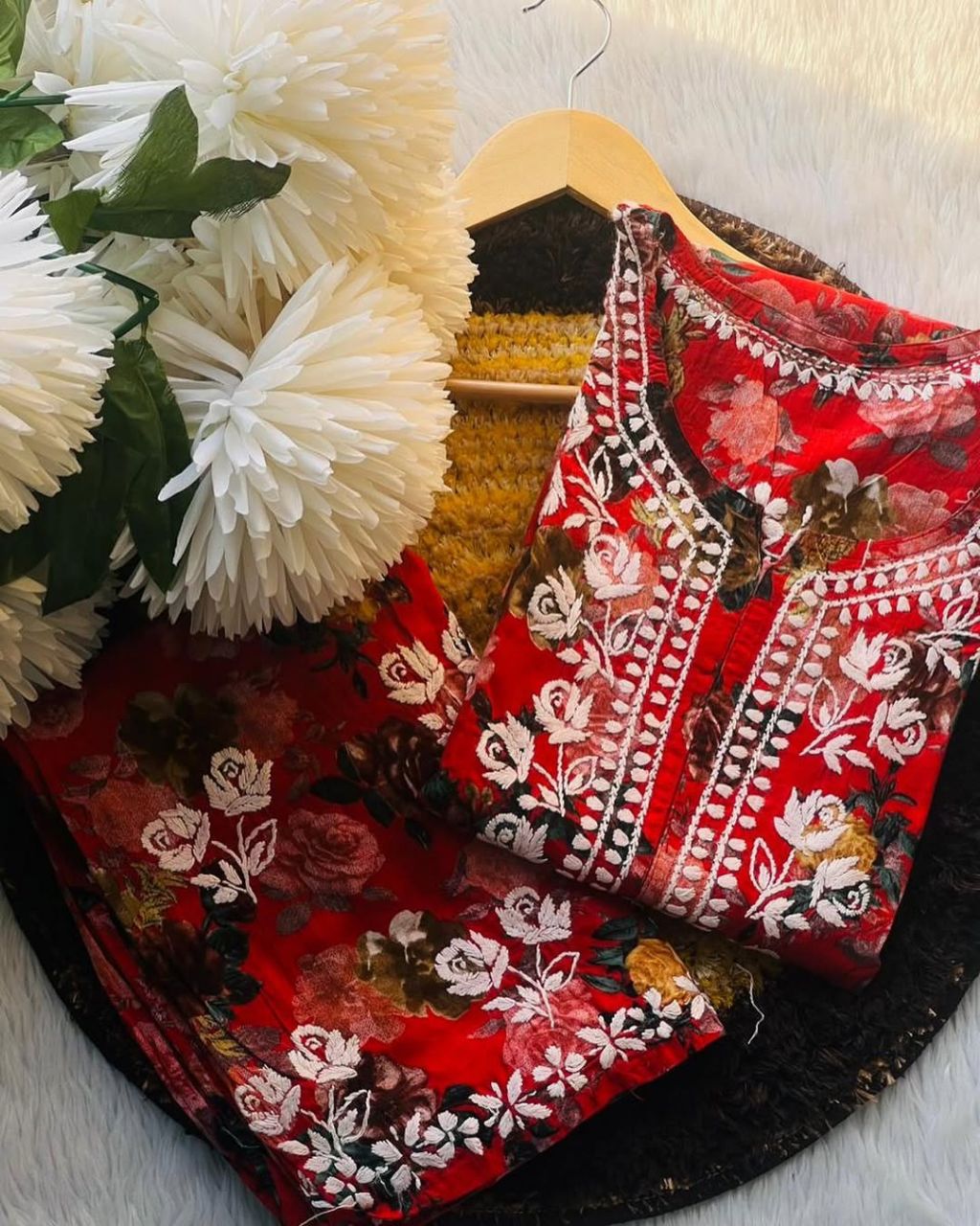PURE MULMUL HANDWORK 2 PIECE SET IN BEAUTIFUL RED PRINT. view 2