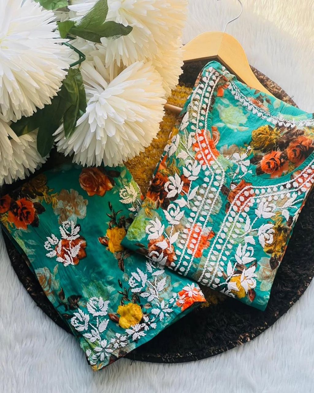 PURE MULMUL HANDWORK 2 PIECE SET IN GREEN. view 2