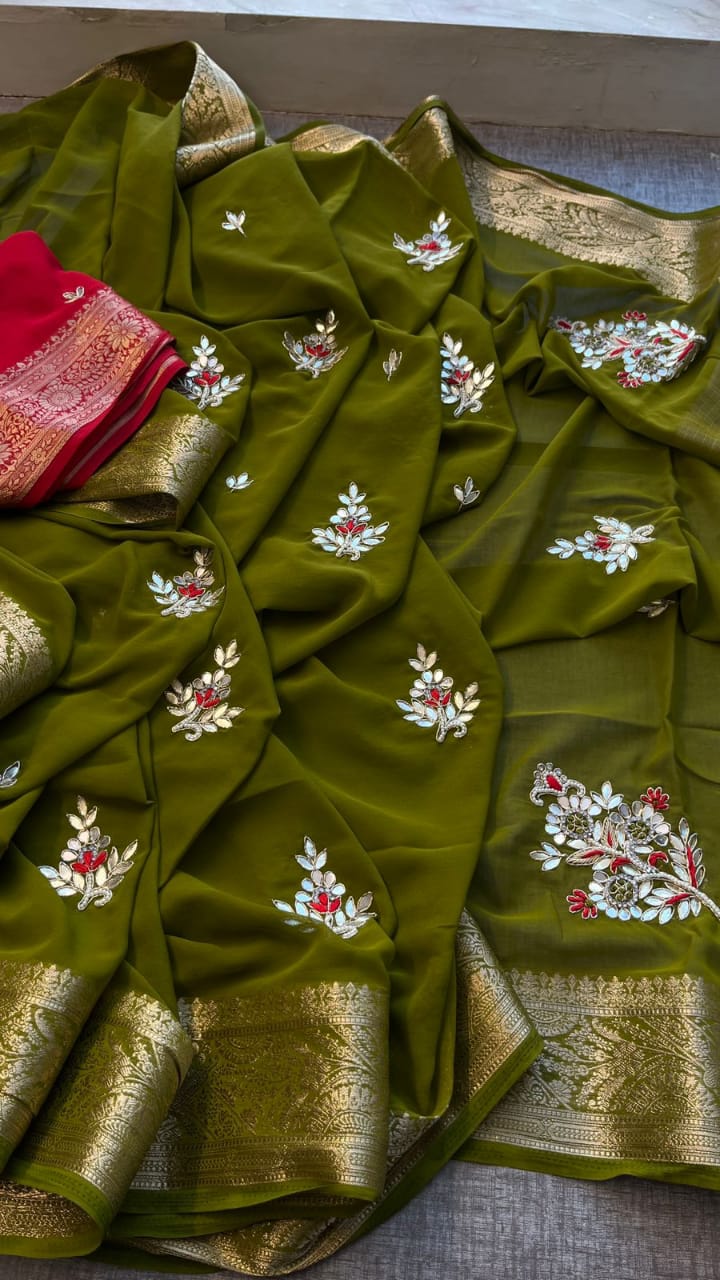 Embroidered Olive Green Saree view 2