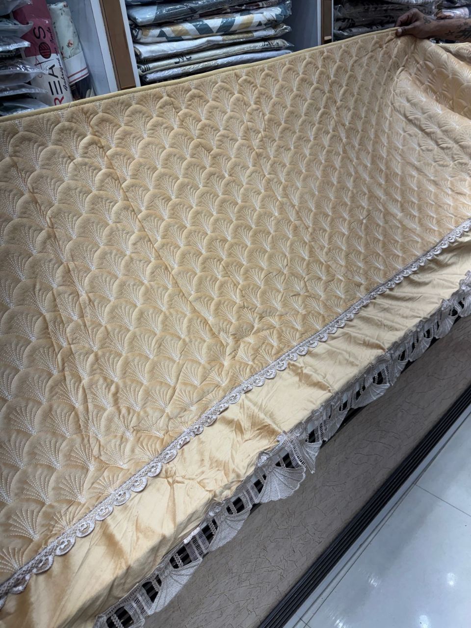 Elegant Quilted Sofa Cover with Tassel Lace Border ,36 Inchi Width view 5
