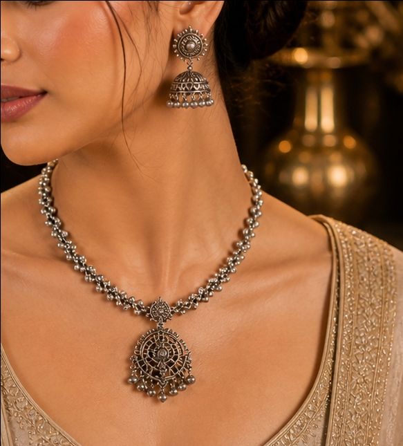 Boho Silver Necklace Set view 2