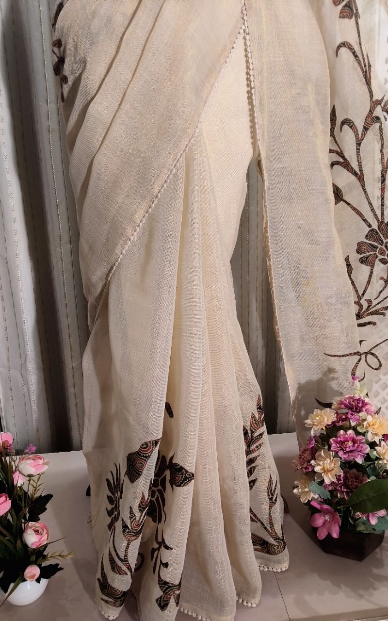 Shimmer Linen With Applic Work Saree 1 view 4