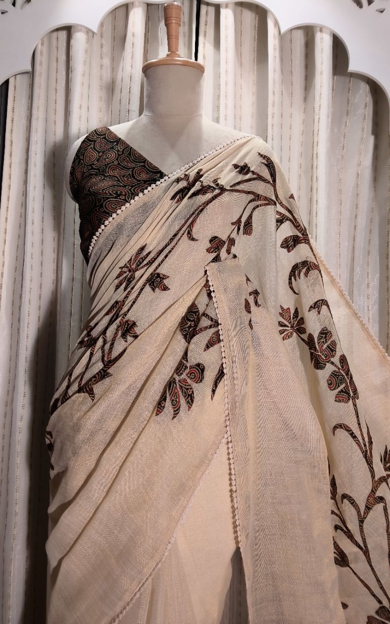 Shimmer Linen With Applic Work Saree 1 view 6